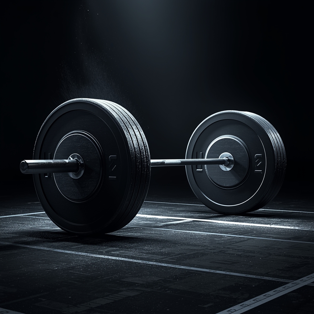 Generate an image of an olympic barbell with massive bumper plates set up on a platform, dark high contrast lighting, chalk dust in the air, 8k, photorealistic, no people.